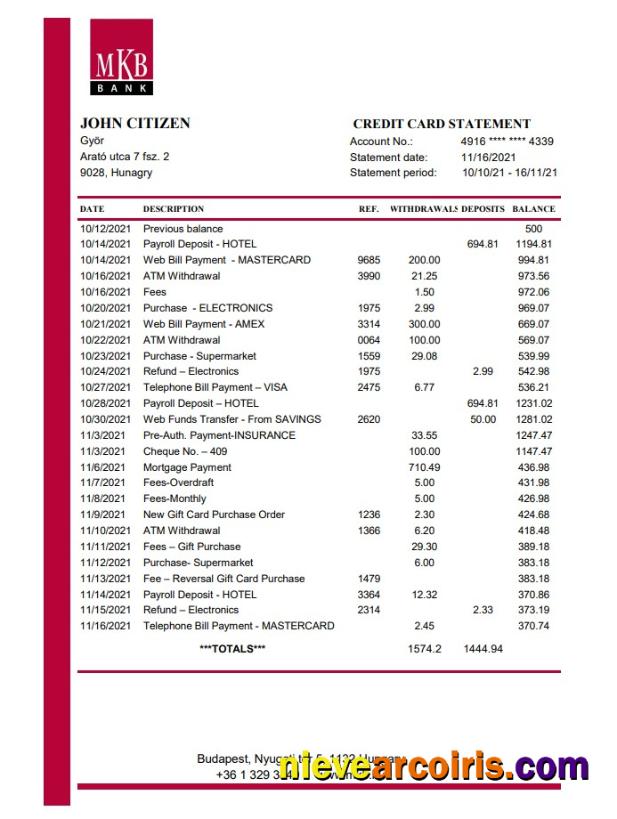 Hungary MKB Bank statement easy to fill in .xls and .pdf file format
